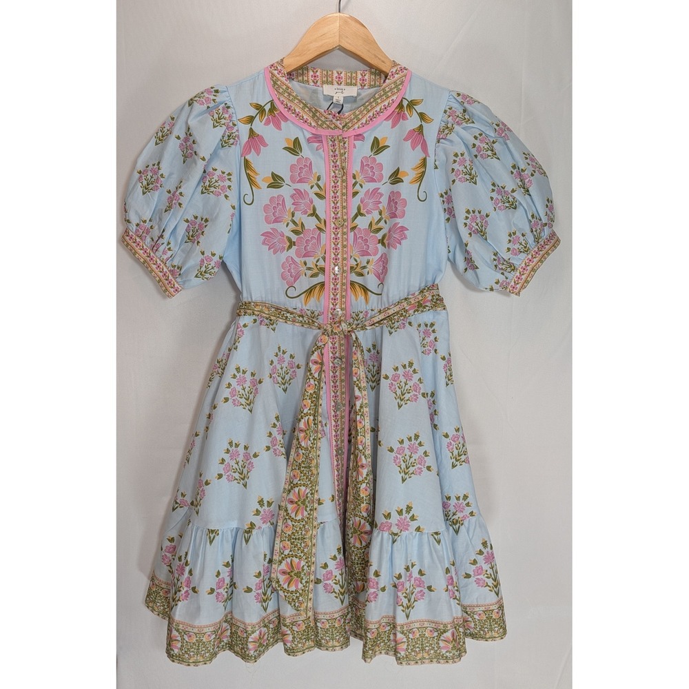 A Loves A Girls Sky Blue Floral Cotton Dress Puff Sleeve Tiered Size L OK3581